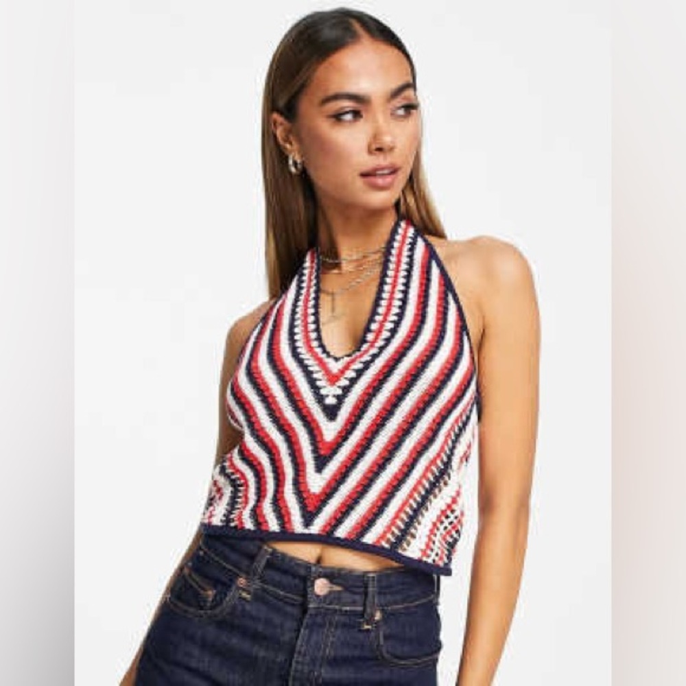 & Other Stories Red, White and Blue Striped Crochet Halter Top Fourth of July